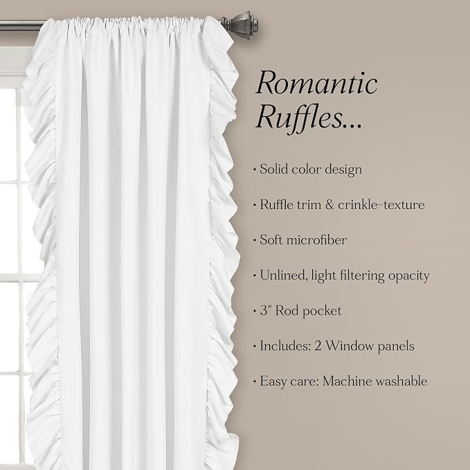 Lush Decor Reyna Ruffle Window Curtain Panel Set, Pair, 54" W x 95" L, White - Flowy Curtain Set - Romantic Ruffle Curtains for Bedroom, Living room, or Dining Room - Farmhouse & Cottage Home Decor