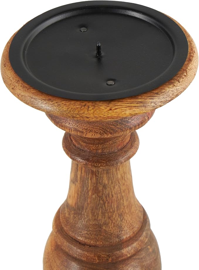 Deco 79 Mango Wood Candle Holders, Set of 3, 10", 8", 6"H, Brown | Decorative turned style pillar candle stand, candlestick holder