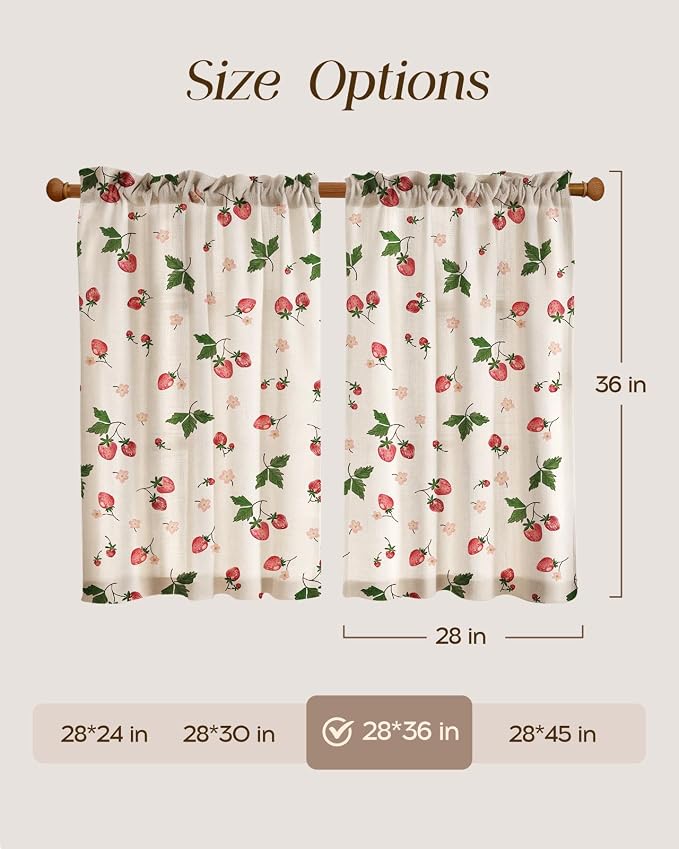 Miss Adola Farmhouse Kitchen Tier Curtains - 36 Inch Length Linen Blend Country Cafe Curtains Strawberry Small Window Treatments Over Sink Rod Pocket for Bathroom Living Room Light Filtering, 2 Panels