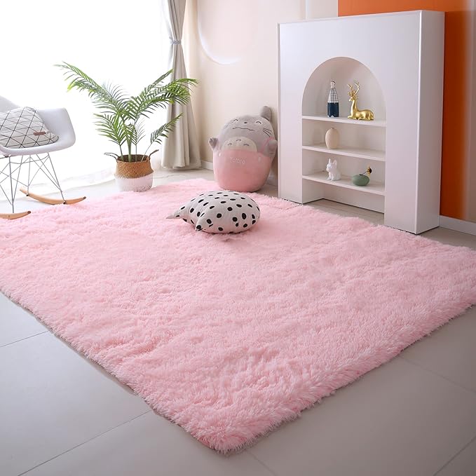 CAIYUECS Pink Area Rug for Girls Bedroom: Shag Rugs for Living Room - 4x6 Feet Non-Slip Modern Furry Faux Fur Rugs for Nursery Kids Room,Fuzzy Plush Rug for Dorm Home Decor
