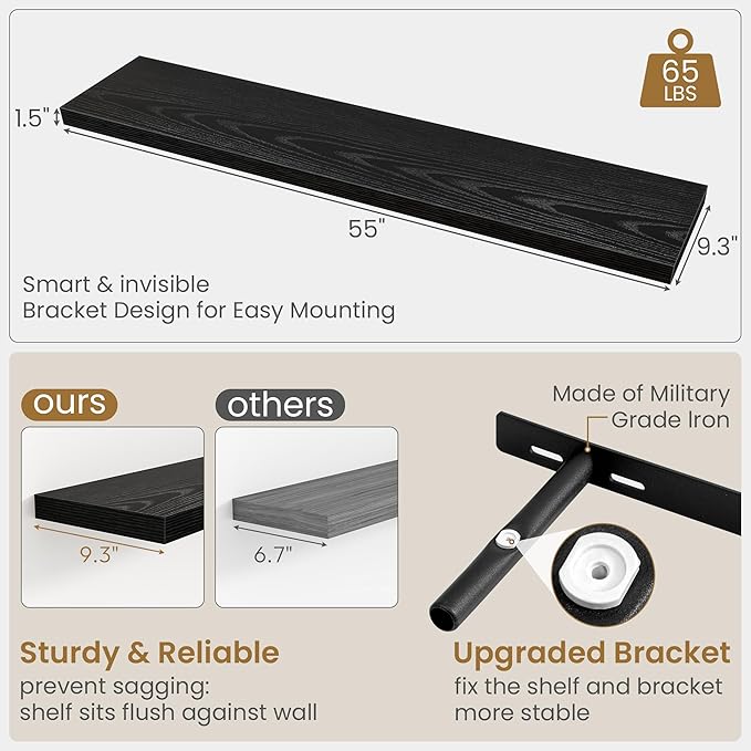 Fun Memories Black Floating Shelves 55 Inch Long, 9.3 Inch Deep Floating Shelf for Wall, Living Room, Bedroom, Kitchen, Large Deep Wall Shelves with Invisible Bracket for Books, Decor