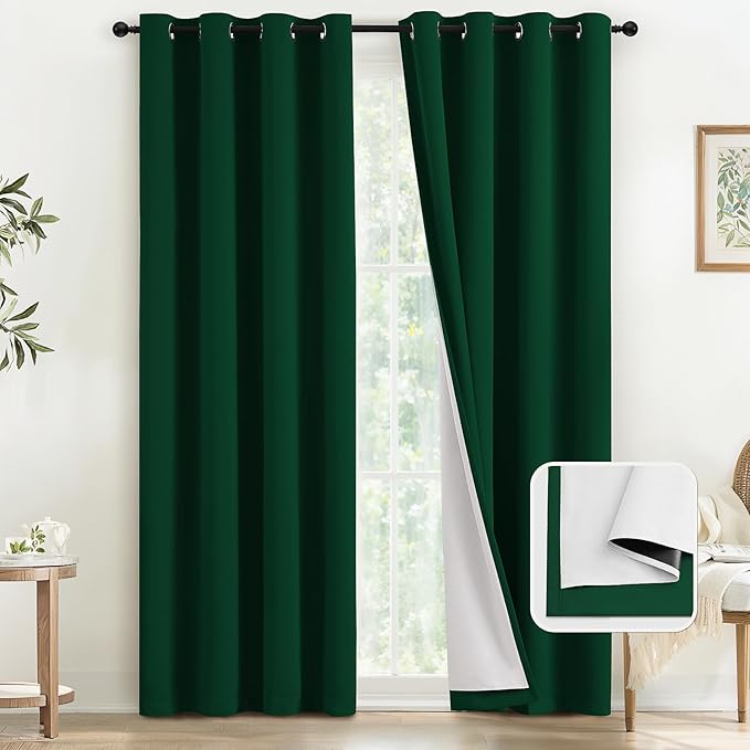 COSVIYA Dark Green 100% Blackout Curtains for Bedroom with White Back, 2 Thick Layers Full Room Darkening Thermal Insulated Grommet Window Drapes, 52x84 Inch, 2 Panels