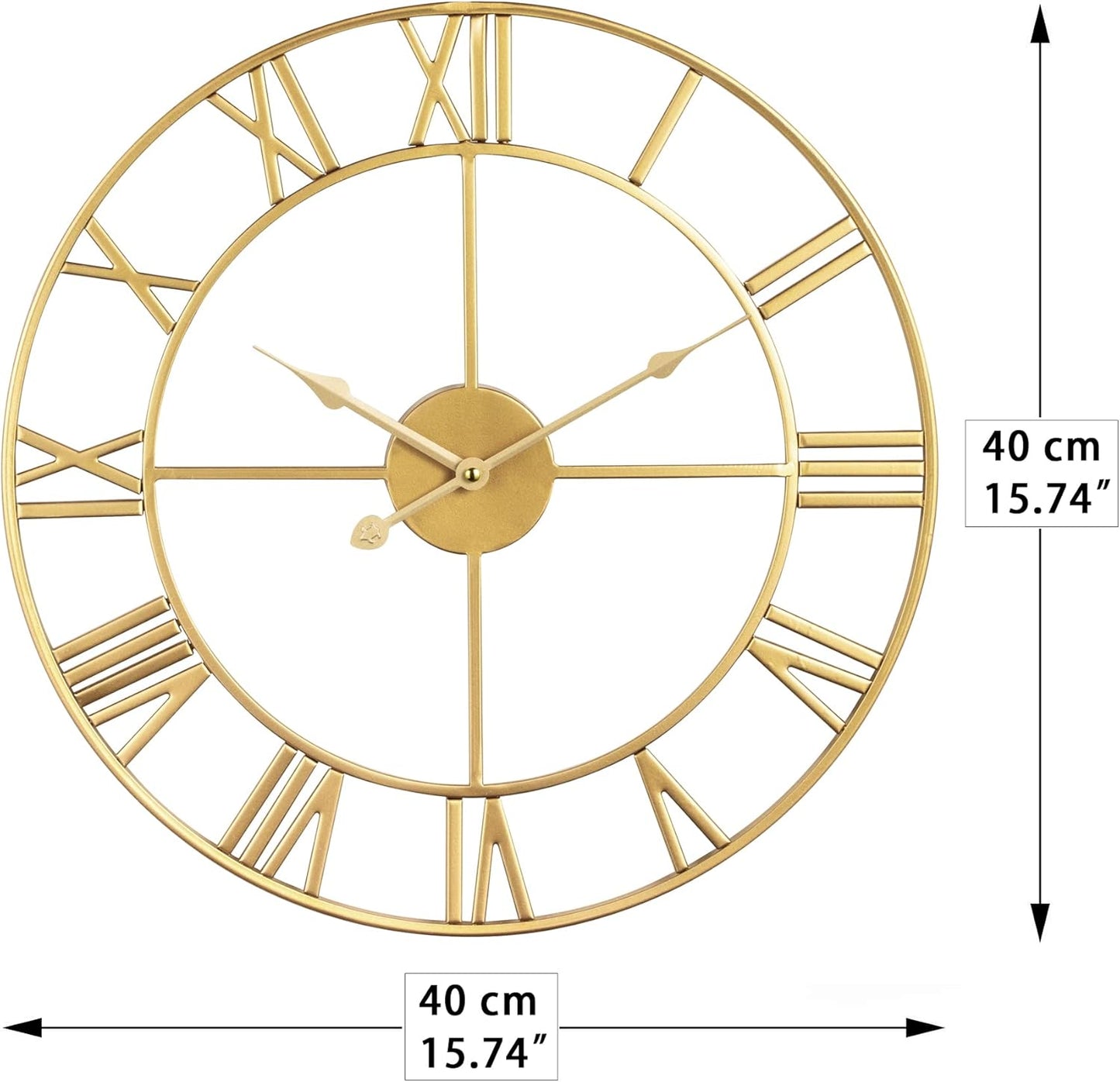 Large Modern Metal Wall Clocks Rustic Round Silent Non Ticking Battery Operated Roman Numerals Clock for Living Room/Bedroom/Kitchen Wall Decor-(Gold, 40cm)