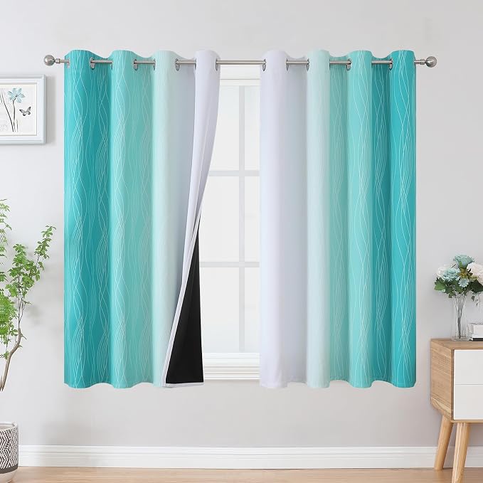 Estelar Textiler Teal and Greyish White Blackout Curtains 45 Inch Length, Light Blocking Gradient Drapes for Bedroom, Thermal Insulated Grommet Ombre Curtains for Bathroom,52Wx45L,2 Panels