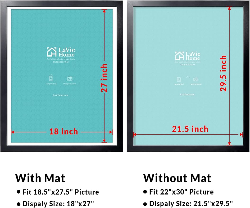 LaVie Home 22 x 30 Poster Frame Black, Display Pictures 18x27 with Mat or 22x30 Without Mat, Stable and Sturdy Picture Frame and Polished Plexiglass, Horizontal and Vertical Format of The Wall（1 Pack）
