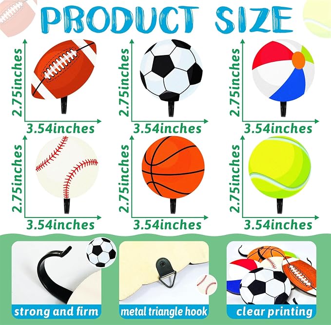 THEYGE Sports Coat Hooks for Boys Kids Bedroom Decor Basketball Baseball Football Soccer Wall Mount Decor Rack Hooks Wooden Towel Hook Key Backpack Mounted Hanger Clothes Hanging Hook Sports