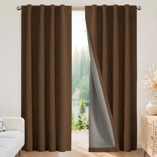 Joydeco Blackout Curtains for Bedroom - 100% Light Blocking 2 Panels Cappuccino Drapes 37"W x 108"L, Thermal Insulated Room Darkening Curtains, Linen Textured for Living Room, Rod Pocket & Back Tabs