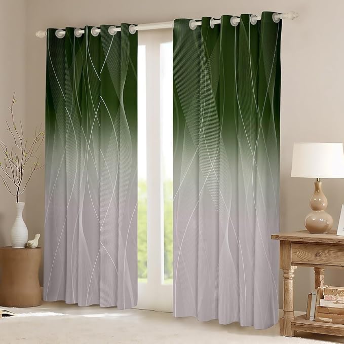 jejeloiu Green Darkening Drapes Kids Ombre Strip Lines Curtains for Bedroom Living Room Gradient Style Blackout Curtains for Women Men Lightweight Abstract Window Treatments