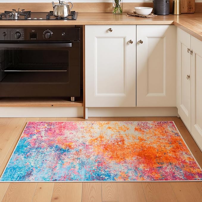 Rugflix 3x5 Entrance Rugs, Entry Rug Washable Non-Slip Stain-Resistant Low Pile, Small Modern Dark Carpet for Living Room Bedroom Indoor, Rainbow