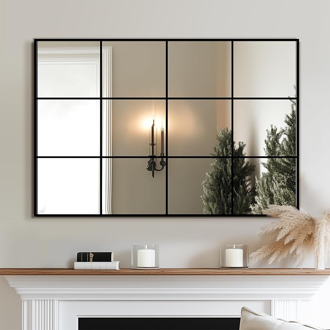 Delma Wall Mirror, 36"X24" Window Pane Mirror for Living Room Decor, Decorative Wall Art, Large Mirror for Bedroom, Hallway