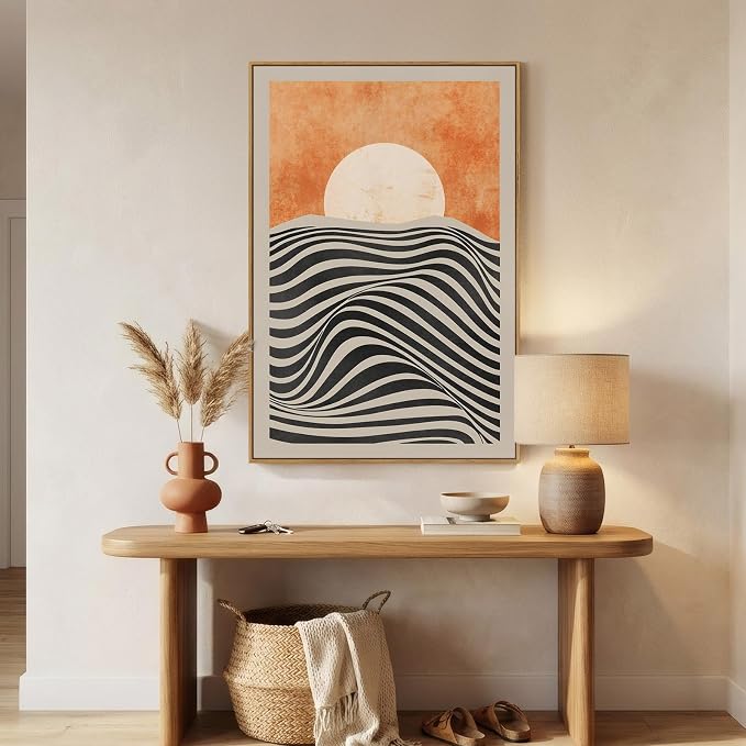 Framed Mid Century Modern Sunset Wall Art for Living Room, Abstract Boho Orange Sun Canvas Paintings Prints Artwork for Walls, Vertical Bohemian Pictures Wall Decor for Bedroom Home Office, 24x36 Inch