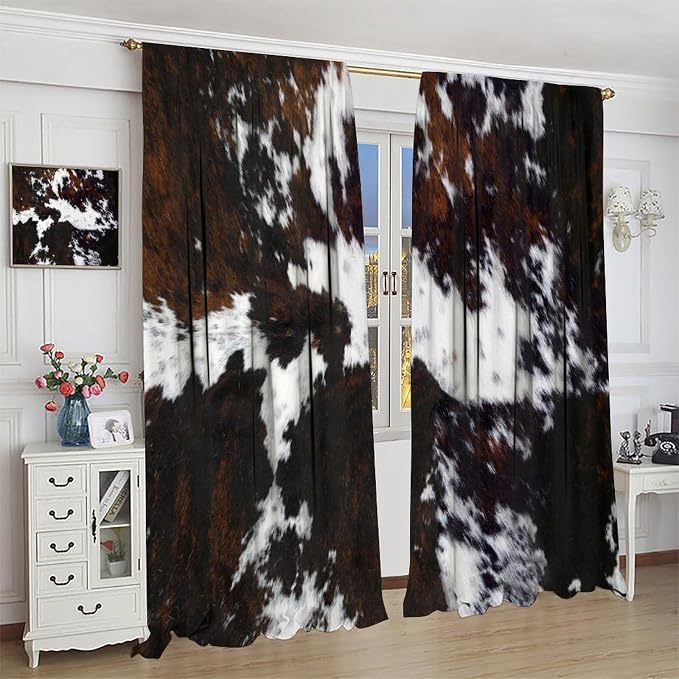 Cowhide Blackout Curtain, Rustic Western Cow Print Brown Black White Animal Fur Skin Drapes, Window Treatments Rod Pocket 2 Panels Curtains for Nursery Bedroom Living Room Kitchen Decor 84"W X 84"L