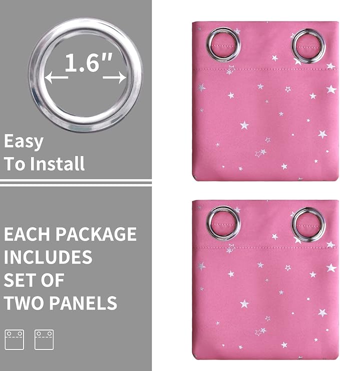 BGment Pink Star Blackout Curtains for Kid's Bedroom - Grommet Thermal Insulated Room Darkening Printed Curtains for Living Room, Set of 2 Panels, 52 x 95 Inch