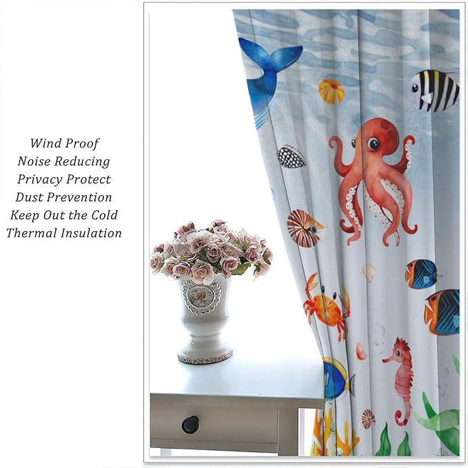 YCness Sea Animal Curtains for Boys Girls Bedroom Nursery Decor Cartoon Tropical Fish Underwater Coral Animals Art Printed Blackout Window Drapes Fabric Set 2 Panel 63x63 Inch 80% Shading Rate