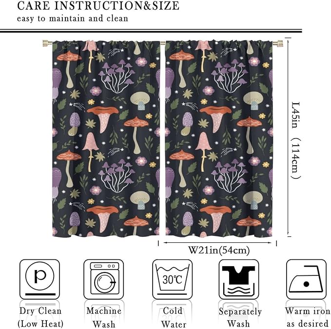 Mushroom Semi Sheer Curtains,Colorful Plant Forest Botanical Print Window Treatments for Bedroom Living Room Kitchen Cartoon Herbs Floral Window Drapes 2 Panels Set,Total Size 42 x 45 Inch