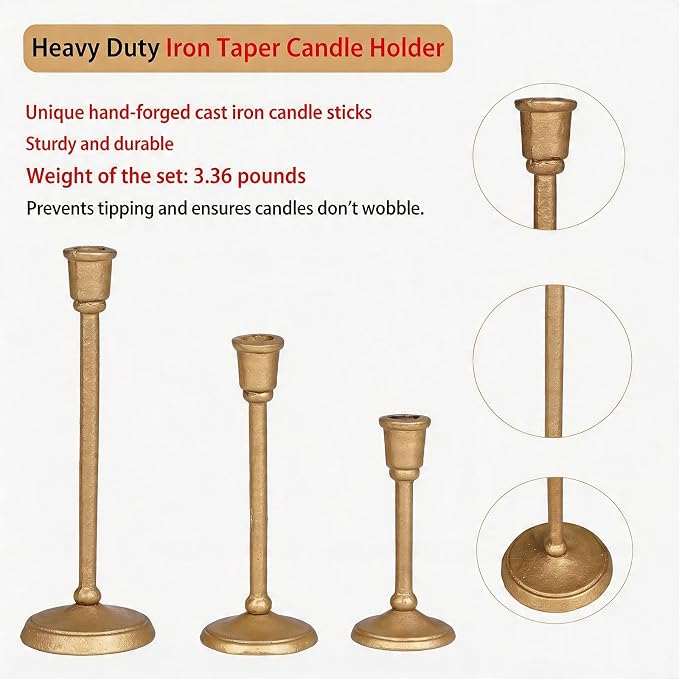Gold Taper Candle Holders Set of 3, Antique Brass Finish | Heavy Cast Iron Candlesticks, Sturdy Candle Sticks for Dining Table, Wedding, Fireplace, Home Decor