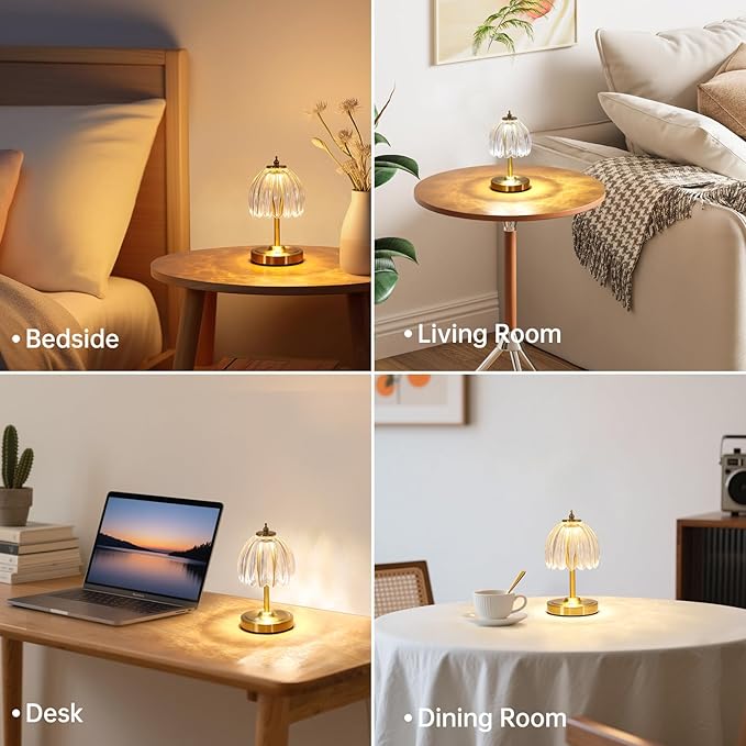 Shenmoyl Tulip Small Table Lamp, 5200mAh Cordless Touch Control Mini Table Lamp with 3 Color Temps & Stepless Dimming, Perfect for Small Spaces like Dressers, Bedsides, Bookshelves (Transparent Tulip)