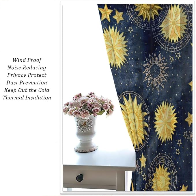 Boho Sun Moon Blackout Window Curtains, Bohemian Golden Sun Moon Stars Print Rod Pocket Window Drapes, for Living Room Bedroom 72x63in 2 Panels