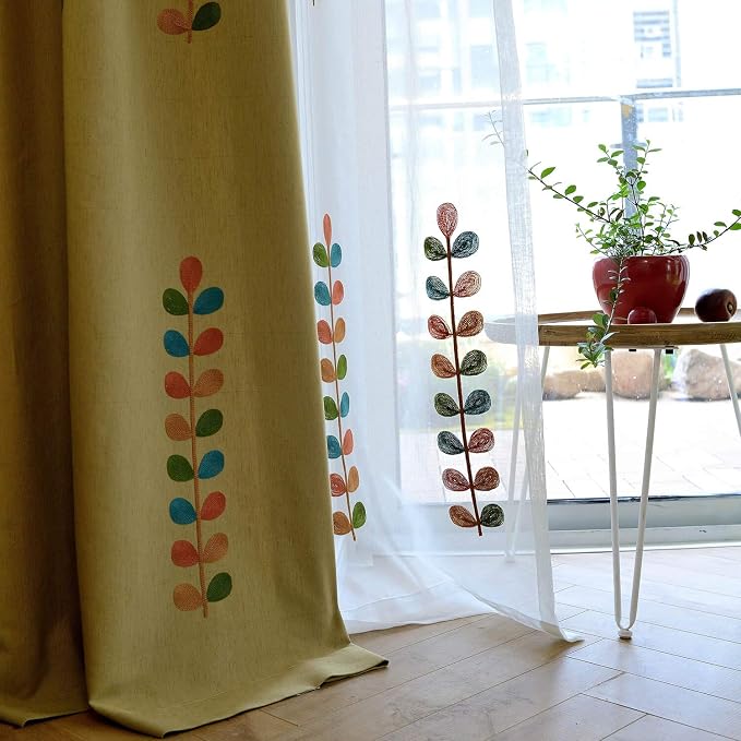 VOGOL Colorful Leaf Embroidered Curtains, Linen Textured Grommet Drapes for Living Room Bedroom Large Windows, Light Filtering Curtain for Dining Room, 2 Panels, 60 x 106 Inches