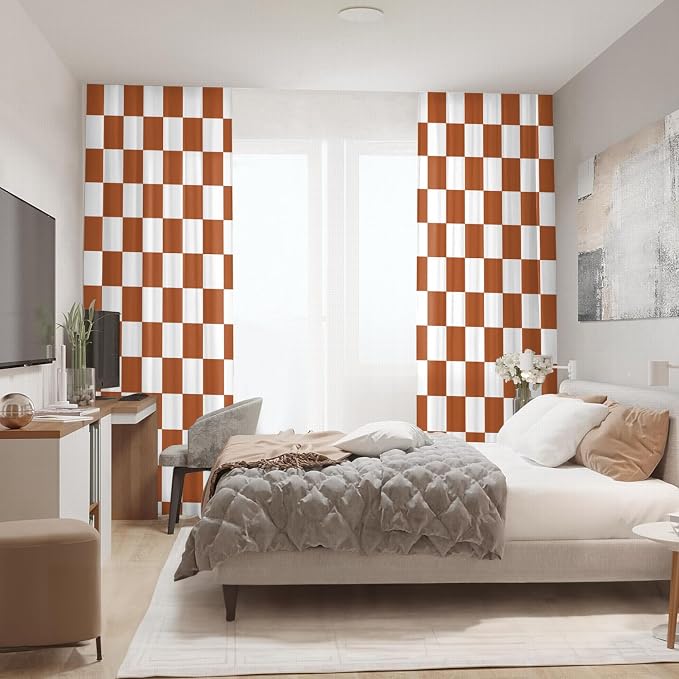 Orange Checkered Curtains for Bedroom,Rod Pocket Burnt Orange Semi Sheer Curtains Farmhouse Retro Checkerboard Light Filtering Drapes for Living Room,Set of 2 Window Curtain Panels,52 x 84 Inch