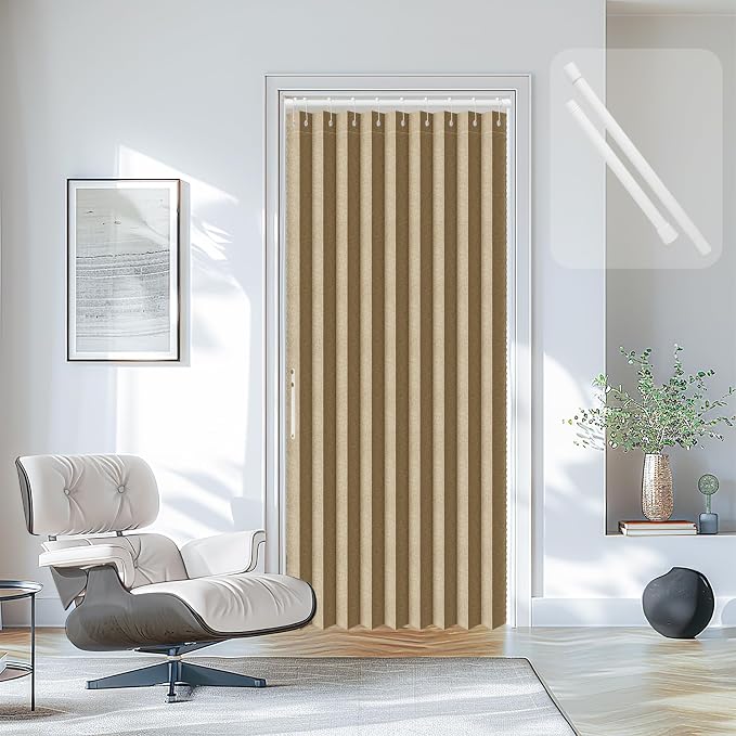 AJAZZ Set: Curtain Rods No Drilling (38-53" W Adjustable Range) & Accordion Door Curtain, Brown 53W×78" L, Accordion Doors for Closet Doorway Room Divider
