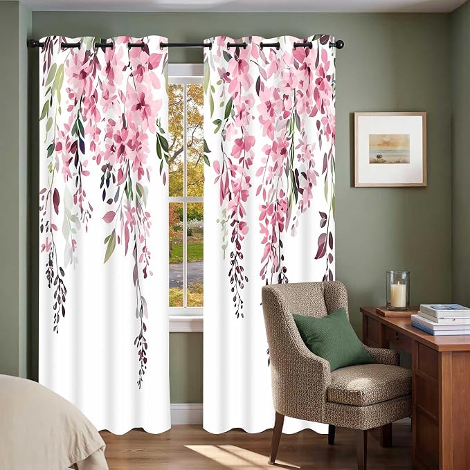 Pink Watercolor Floral Curtains, 42x72 inch, 2 Panels | Botanical Leaves Vine Flowers, Rustic Farmhouse Style, Blackout Window Treatment, For Bedroom Living Room