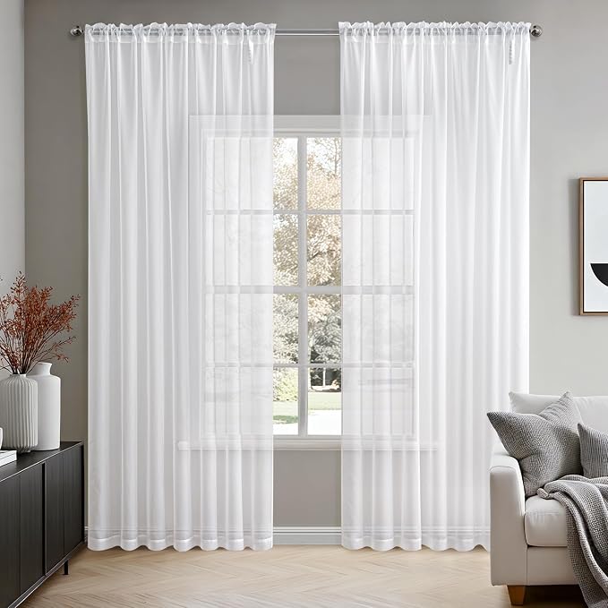 MIULEE 2 Panels Solid Color White Sheer Window Curtains Elegant Window Voile Panels/Draperies/Treatment for Bedroom Living Room (70 X 90 Inches White)