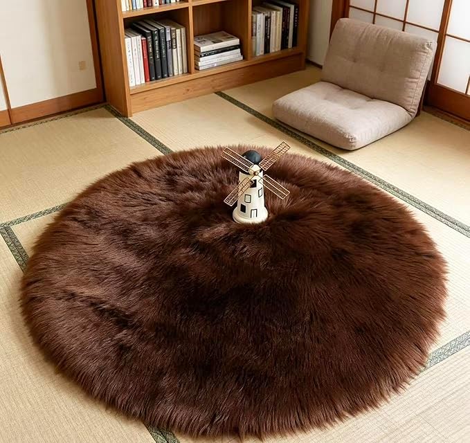 Faux Fur Rug 3 x 3 ft Round Coffee Shaggy Sheepskin Rug Soft Fluffy Plush Carpet Fuzzy for Bedroom Living Room Floor Nursery Kids Room Bedside Rugs
