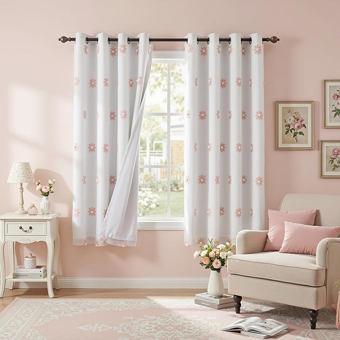 MYSKY HOME Blackout Curtains for Girls Bedroom 63 Inch Long Pink Floral Curtains for Kids Room 2 Panels 100% Room Darkening Daisy Flower Window Treatment 2 Layered Drapes Toddler Grommet 52W x 63L