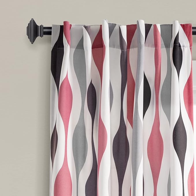 Lush Decor Mid Century Geo Room Darkening Window Curtain Panels Pair 52" W x 95" L Coral & Gray - Retro Curtains for Living Room - Vintage Drapes