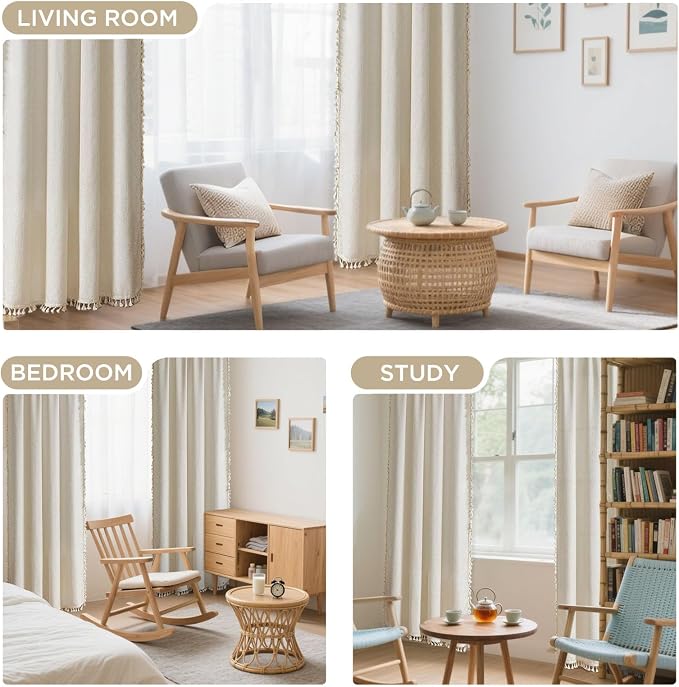 Joydeco Beige Boho Curtains 108 Inches Long 2 Panels, Super Soft Bohemian Farmhouse Curtains with Tassels, Semi Sheer Light Filtering Drapes for Bedroom Living Room (Rod Pocket, 52Wx108L)
