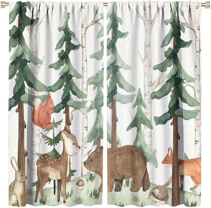 Forest Nursery Curtains - Woodland Bear & Wildlife Theme, Blackout 42x54 Inch 2 Panels