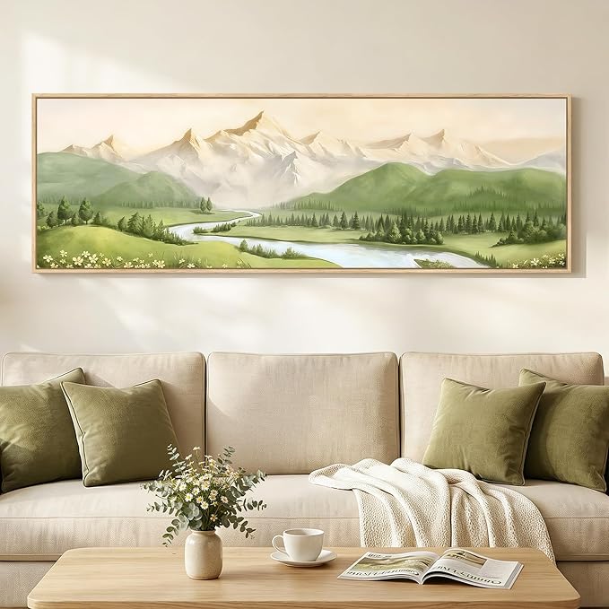Large Framed Green Landscape Wall Art for Living Room, Long Narrow Modern Mountain Canvas Prints Painting for Walls, Horizontal Nature Pictures Wall Decor for Bedroom Dinning Room Office, 20x60 In