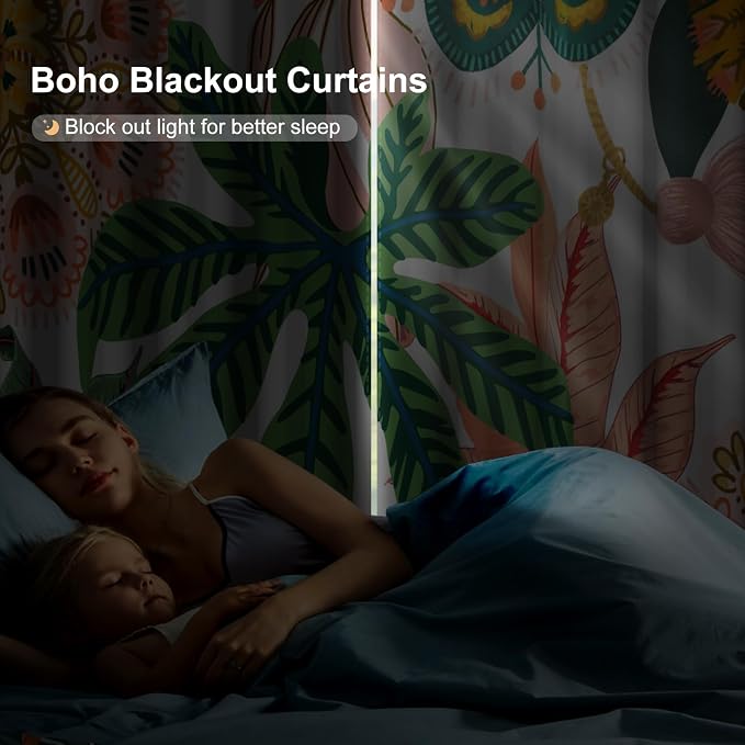 Boho Floral Blackout Curtains 84 Inch Long 2 Panels Set, Grommet Thermal Insulated Window Black Out Curtains for Bedroom Living Room, Soundproof Privacy Light Filtering Drapes with Curtain Tiebacks