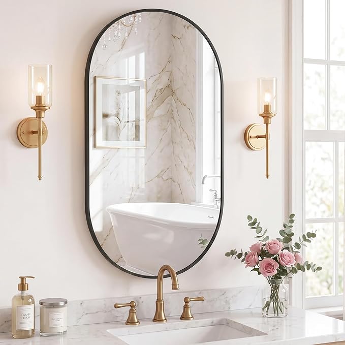 Sweetcrispy 24"x36" Oval Black Bathroom Mirrors for Wall, Bathroom Mirrors for Over Sink, Metal Framed with HD Shatter-Proof Glass for Entryway, Living Room, Bedroom