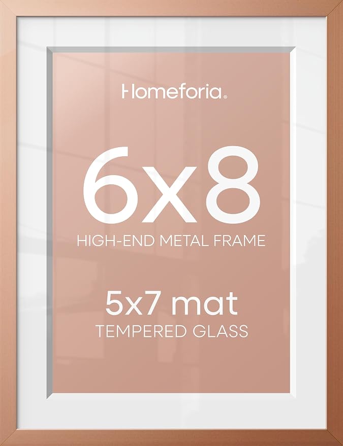 Homeforia Rose Gold 6x8 Picture Frame, High End Metal 6 x 8 Frames with Mat 5 x 7 for Print, 6by8 Desk Frame Matted to 5x7 inch Photo, 6 by 8 Wall or Tabletop Frame, Tempered Glass, Wall Kit, Set of 2