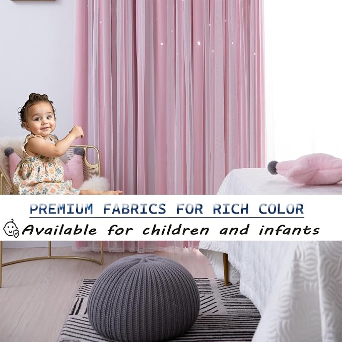 Cute Star Blackout Curtains for Girls Bedroom, Princess Curtains, W40X L63 | 2 Panels Pink Thick Grommet Top Star Cutout Curtains, Double Layer Nursery Kids Curtains, Aesthetic Living Room Decor