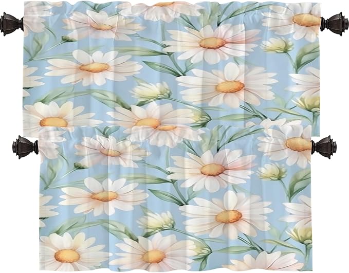 Shrahala Daisies Leaves Blackout Short Curtains for Windows, White Daisies On Blue Kitchen Valance Thermal Insulated Rod Pocket Window Treatment for Bathroom 2 Pack 52 X 18 in
