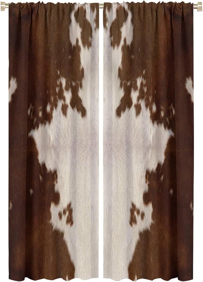 Cow Print Blackout Curtain, Animal Fur Brown Cowhide Western Farm Style Window Treatments Rod Pocket Curtain for Bedroom Living Room Kitchen Decor Drapes 52x84in