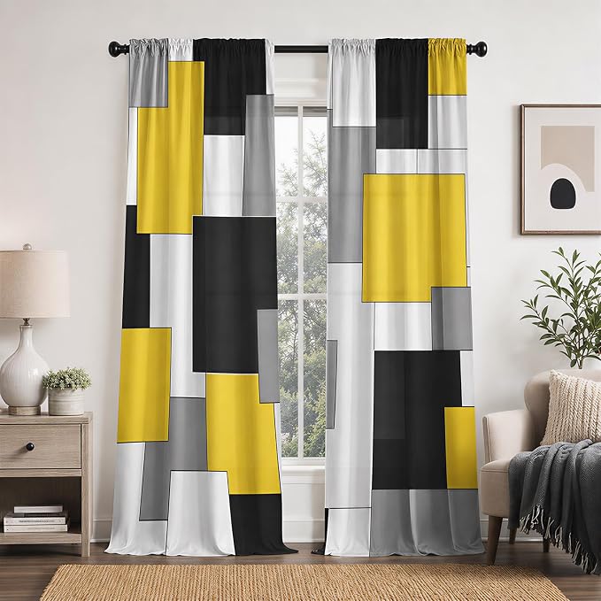 Yellow and Black Curtains for Living Room 84 Length Geometry Curtains Modern Yellow Grey Abstract Rod Pocket Curtain for Bedroom Kitchen Room Window Drapes 2 Panels