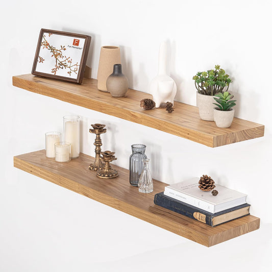 Floating Shelves for Wall, 40"W x 9.3"D x 1.5"H Rustic Solid Elm Wood Wall Shelves, Set of 2 with Invisible Heavy-Duty Metal Bracket, Deep Floating Shelf for Living Room Kitchen, Natural Finish