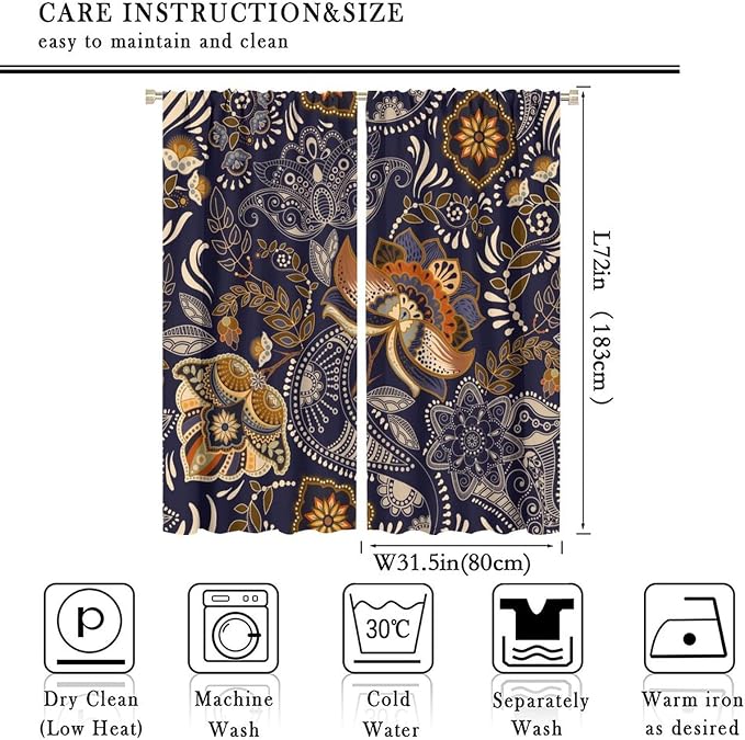 Indian Boho Curtains, Mandala Design Colorful Boho Floral Paisley Curtains, Bedroom Living Room Blackout Decorative Curtains, 2 Panel Set, 63x72 Inch.