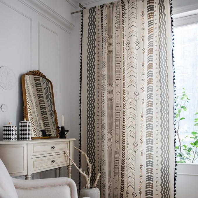 ColorBird Boho Curtains 2 Panels Aztec Western Semi-Blackout Patterned Rod Pocket Window Treatment Decorative Drapes with Black Tassels for Living Bedroom Closet 63 inch Length