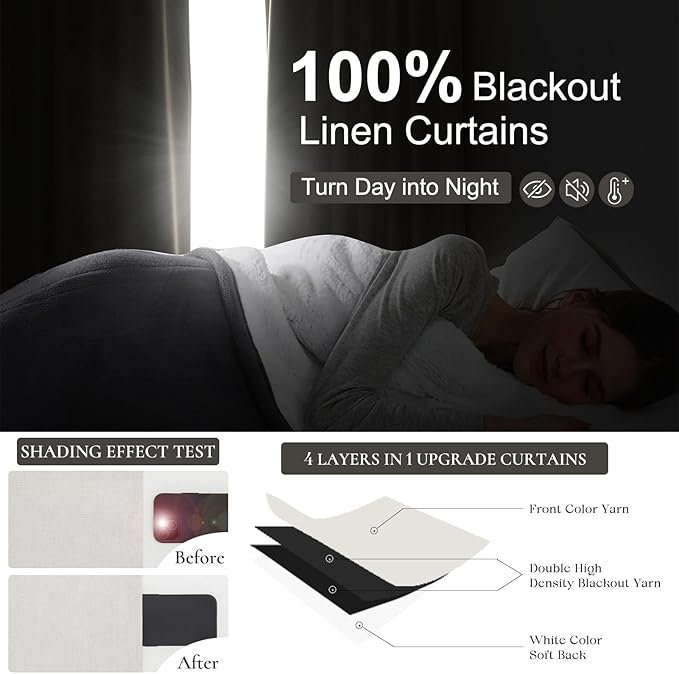 100 Percent Blackout Sliding Glass Door Curtains 120 Inches Long 2 Panels, 10 Foot Theater Floor to Ceiling Track Drape Linen Drop Cloth Traverse Curtains Farmhouse Natural Beige (Hook,Rings Include)