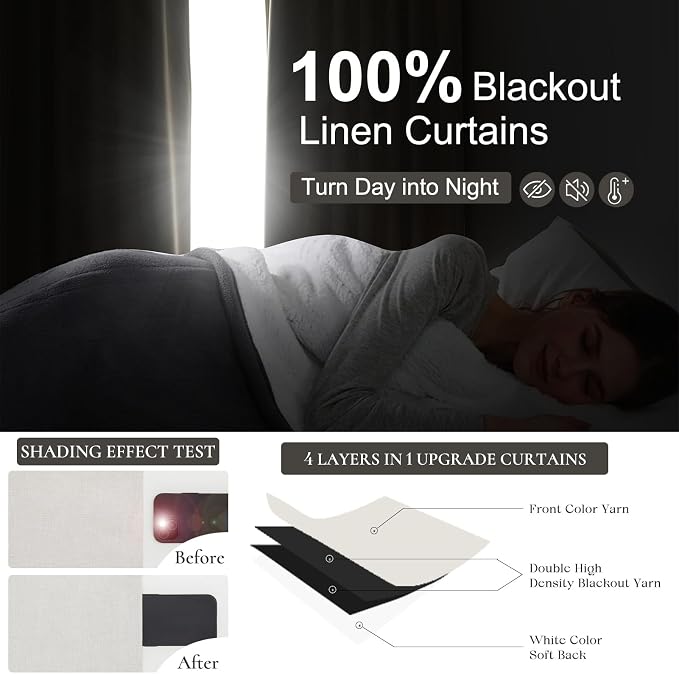 QJmydeco Short Linen Blackout Curtains for Bedroom 45 Inches Length 2 Panels Set, Kitchen/Bathroom Curtains for 42 Inch Small Window, Heat Blocking Thermal Insulated,Hook Belt Pleated/Back Tab