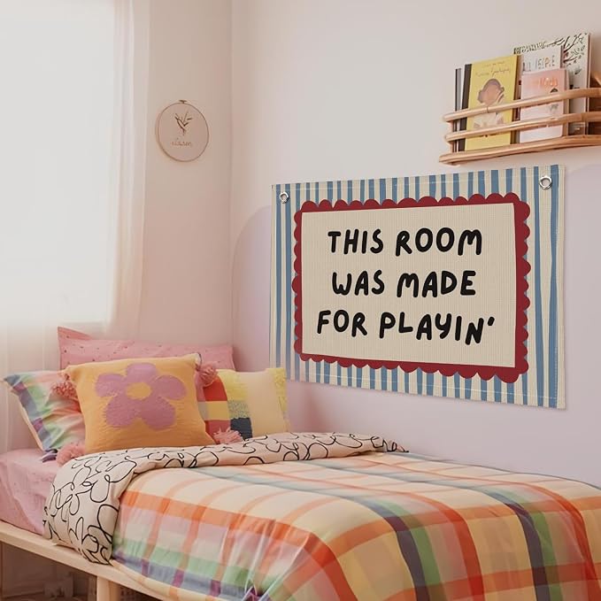 Playroom Decor Wall Banner "This Room Was Made For Playin'" 20x30 Inch - Nursery Canvas Art, Kids Bedroom Hanging, Linen Toddler Play Area Sign, Children's Canvas Flag Decor - Vintage