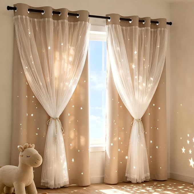 Blackout Curtains for Girl Bedroom/Living Room/Classroom, Sheer Overlay 63 Inches 2 Panel Set, Double Layer Curtains with Star Cutout for Kids Room(W 52 x L 63 Inches,Beige 2 Pcs)