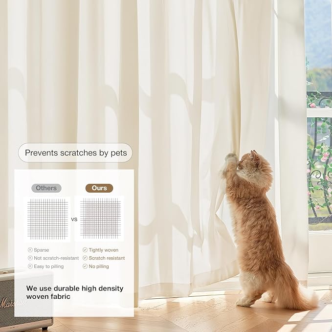 Anmao Non-See-Through Beige Privacy Semi Sheer Curtains for Living Room 72 Inch Length 2 Panels Set, Light Filtering That Let Light in Rod Pocket Window Drapes for Bedroom, 52W x 72L, Beige