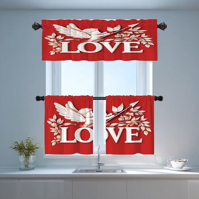 Shrahala Cupid Love Blackout Short Curtains for Windows, Romantic Love Kitchen Valance Thermal Insulated Rod Pocket Window Treatment for Bathroom 2 Pack 52 X 16 in