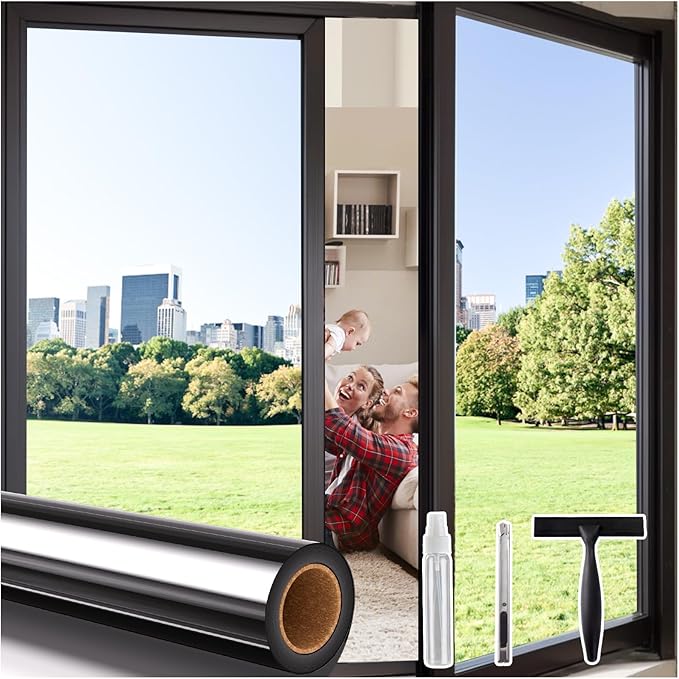 Coavas One Way Privacy Window Tint for Home, Daytime Reflective Mirror Glass Film See Out Not in, Heat & UV Blocking for Balcony/Living Room Large Windows with 3 Tools, 35.4 x 394 Inch, Black